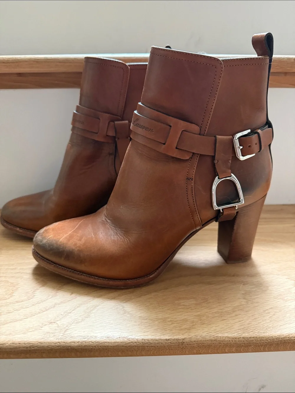Vintage Ralph Lauren Cognac Leather Harness Ankle Boots